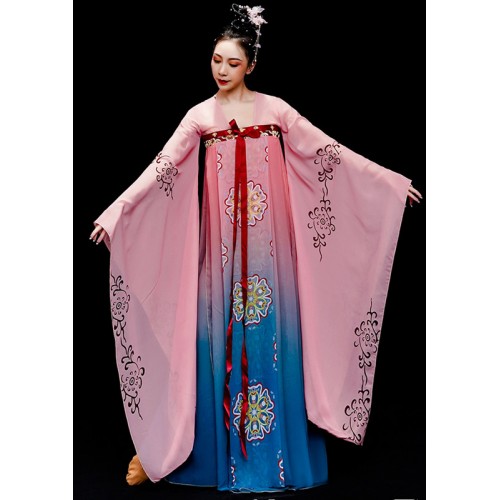 Women pink blue Hanfu fairy queen princess Wide-sleeved waterfall sleeves Hanfu dance costume classical dance Han Tang dynasty art examination dresses female adult